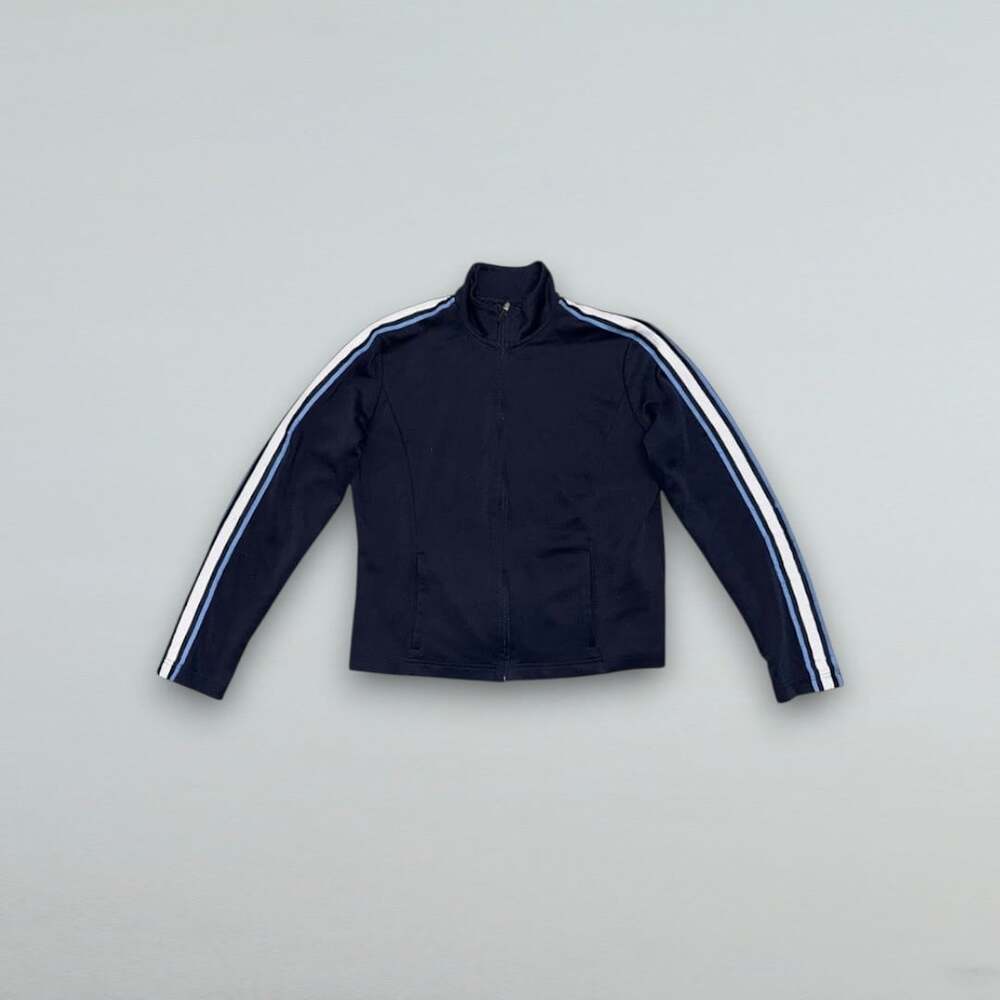 Navy Blue Track Jacket Full Zip Striped Sleeve Y2K Athletic Womens Medium